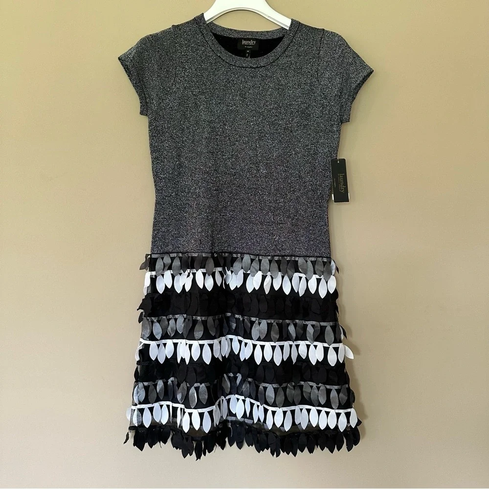 Laundry by Shelli Segal Dress Girls Sz 16 Leaf Detail Artsy, Black White Silver